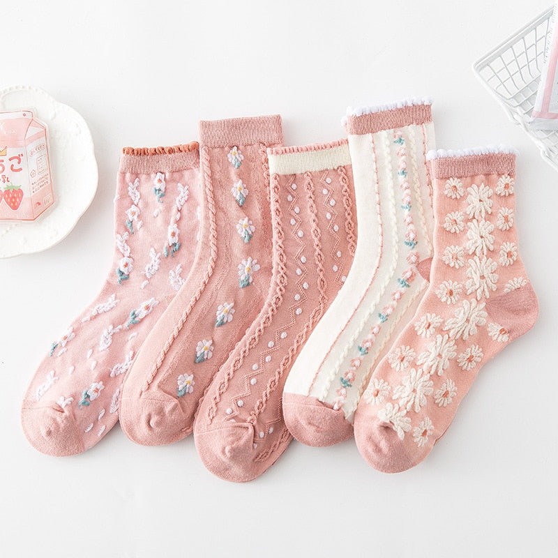 5 Pairs/ Lot Woman Socks Harajuku Retro Embroidery Spring Kawaii Cute Socks Lolita Socks Lace Flower Crew Socks Christmas Gift