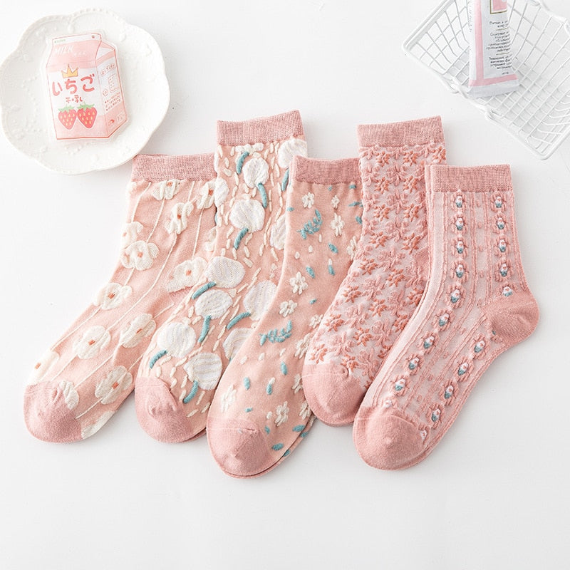 5 Pairs/ Lot Woman Socks Harajuku Retro Embroidery Spring Kawaii Cute Socks Lolita Socks Lace Flower Crew Socks Christmas Gift