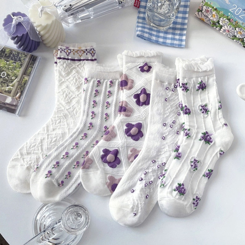 5 Pairs/ Lot Woman Socks Harajuku Retro Embroidery Spring Kawaii Cute Socks Lolita Socks Lace Flower Crew Socks Christmas Gift